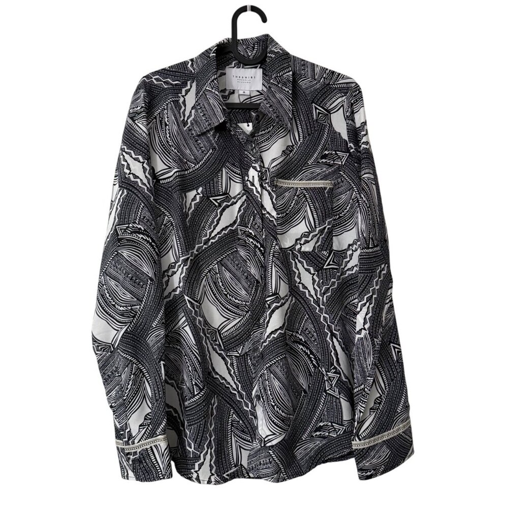 The Shirt Rochelle Behrens Black White Geometric Chiffon Shirt Womens Medium NEW